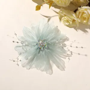 Exquisite light green mesh crystal beaded flower detail, perfect for DIY hair clips and corsages.
