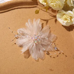Sweet organza crystal beaded flower hair accessory DIY brooch material, elegant pinkish tone.