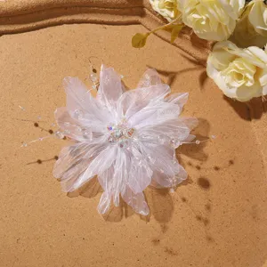 White sheer mesh flower hair clip with sparkling crystal beads, sweet DIY accessory.