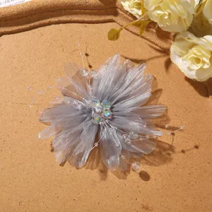 Gray mesh crystal flower detail shot, sparkling bead core for DIY crafts and hair accessories.