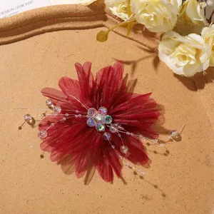 Red mesh crystal beaded flower accessory DIY hair clip corsage material detail view.