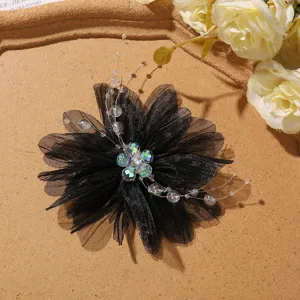 Black mesh flower hair clip crystal beaded brooch DIY gentle style fashion hair accessory