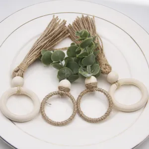 Handmade Woven Hemp Rope Napkin Ring Pastoral Style Wooden Bead Tassel Cloth Ring Table Decor Napkin Buckle Holder