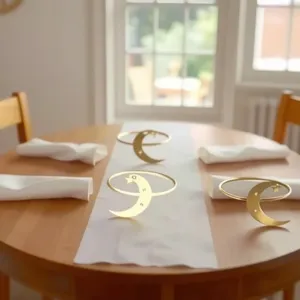 Detailed view of elegant gold crescent moon star napkin rings arranged on a dining table.
