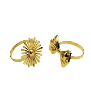 Gold Napkin Rings Set Sunflower and Bow Design Metal Table Decor for Wedding Hotel