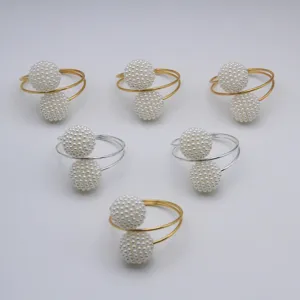 Elegant pearl napkin ring with gold and silver metal dual balls for hotel table decor.