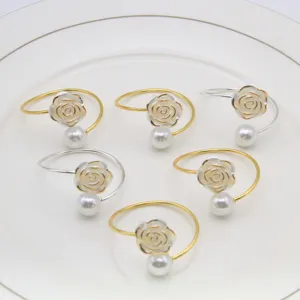 Metal rose pearl napkin ring set, elegant table setting decor for weddings and parties.