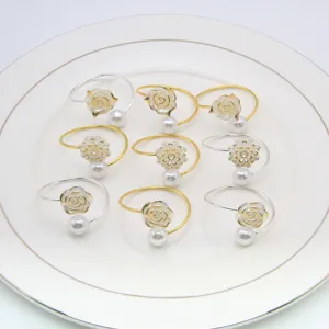 Pearl flower napkin rings set, elegant metallic napkin holders for wedding hotel table decor.