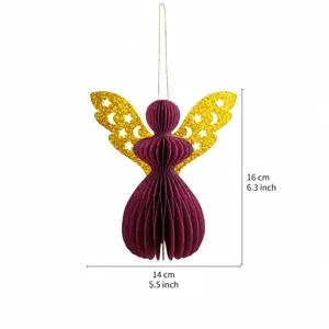Paarse honingraat papier engel ornament met gouden glitter vleugels voor Kerstmis.