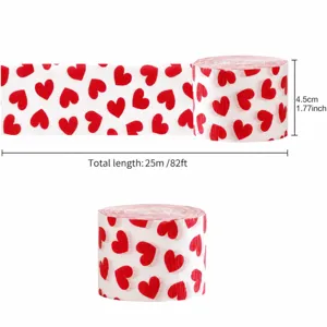 Red white heart crepe paper roll detail view showing 4.5cm width and 25m total length specs.