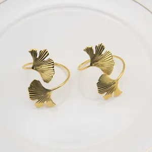 Gold Ginkgo Leaf Metal Napkin Ring Set Elegant Table Decor Hotel Wedding Holder 2Pcs