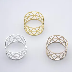 Metal hollow napkin ring set, elegant geometric design table decor for wedding party dinner.