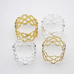 Gold and silver metal napkin rings with hollow diamond pattern for elegant table decor set of 4