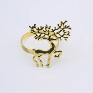 Gold Christmas reindeer napkin ring, elegant metal deer detail view for party table decor