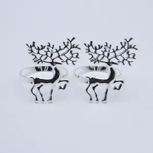 Set of 2 silver alloy Christmas reindeer napkin rings for holiday table decor and party setup.