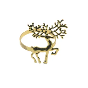 Gold metal reindeer napkin ring for Christmas table decor, elegant holiday dining accessory.