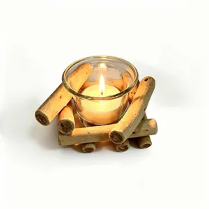 Rustic wooden candle holder with glass cup and tea light for home restaurant table decor detail.