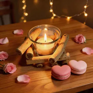 Modern Wooden Candle Holder with Clear Glass Cup and Tea Light Natural Wood Minimalist Tabletop Ornament Home Decor