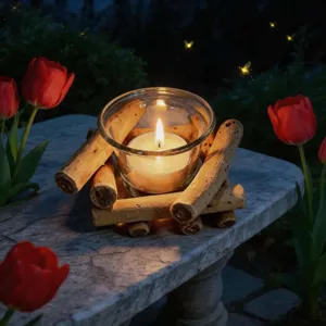 Wooden candle holder detail shot with glass cup and lit candle, rustic home decor scene.