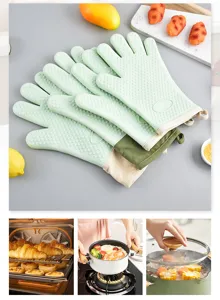 Vista detallada de los guantes de horno de silicona resistentes al calor para cocina segura.