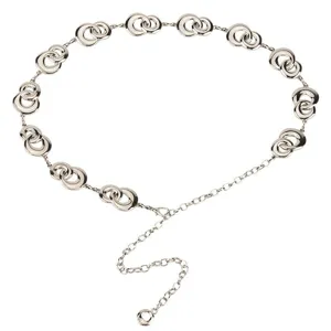 Catena da cintura in metallo argentato con anelli geometrici intrecciati, elegante.