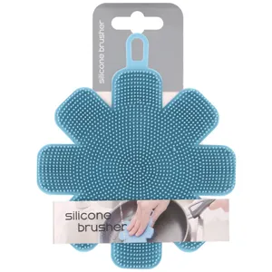 Spazzola piatti in silicone blu a forma di fiore con foro per appendere la cucina.