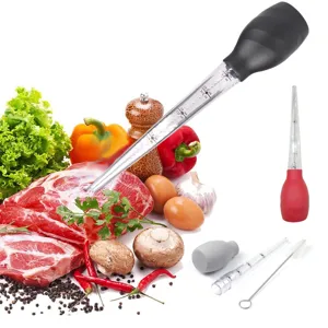 Silicone turkey baster BBQ oil pump kitchen tool with clear measurement scale and cleaning brush.