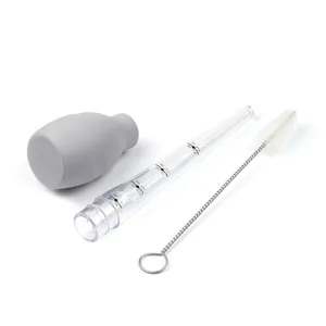 Silicone turkey baster oil dropper set with cleaning brush and clear capacity markings for BBQ baking