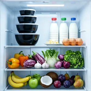 Ensemble de boîtes de conservation avec bols noirs et couvercles blancs dans le frigo.