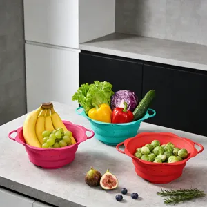 Collapsible silicone colander set for kitchen, round folding fruit and vegetable draining basket.