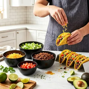 Détail du set de bols de cuisine noirs et support à tacos pour la préparation et le service des repas.