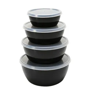 Ensemble de bols de conservation en plastique empilables avec couvercles pour la cuisine.