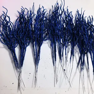Blue glitter curly twig branches detail shot for home party and holiday decor, 16pcs