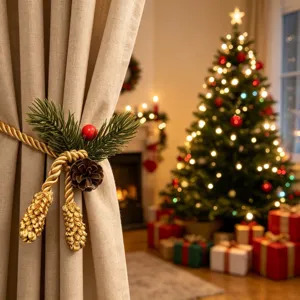 Handmade Christmas curtain tieback detail, golden braided rope with pinecones and berries.