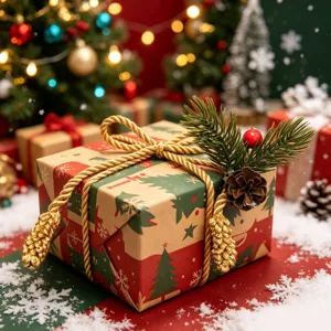 Handmade gold twist rope Christmas tree gift box decoration with pine cones and red berries.