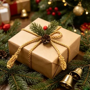 Christmas gift box decorated with golden twist rope pinecone and holiday pine branches.