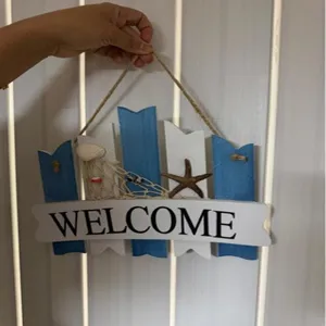 Mediterranean Wooden Welcome Hanging Sign Ocean Theme Starfish Seashell Beach Decor For Home Wall Decor