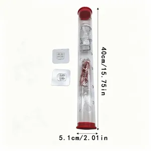 Outdoor acrylic transparent cylinder bird feeder with hanging hooks and red caps for garden yard use.