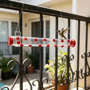 Clear acrylic cylindrical hummingbird feeder for outdoor garden use, featuring red flower feeding ports.