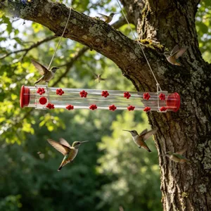 Outdoor acrylic hummingbird feeder detail, clear tube with red flower feeding ports on tree.