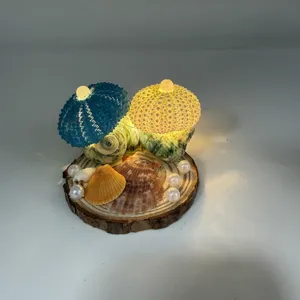 Luz de noche artesanal de concha de erizo con efecto luminoso LED, lámpara de escritorio.