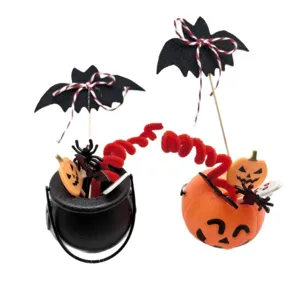 Halloween pumpkin bucket and witch cauldron with bat cake toppers and party decor set