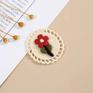 Round embroidered fabric patch with red flower and green leaves for clothing decoration DIY craft