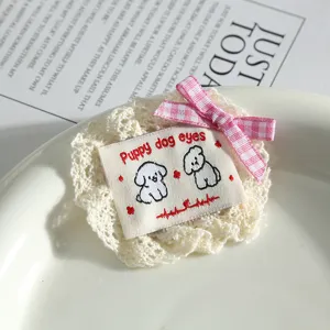 Cute lace embroidery patch with pink bow and puppy design for DIY clothing decoration