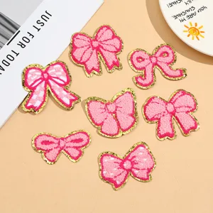 Gold Border Bow Towel Embroidery Cloth Patch DIY Garment Accessories Cute Pink Embroidered Badge Applique