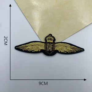DIY embroidered patch with gold wings crown badge, 9x2cm clothing accessory appliques.