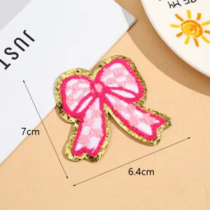 Gold edge pink checkered bow embroidery patch clothing accessory badge DIY decoration 7cm