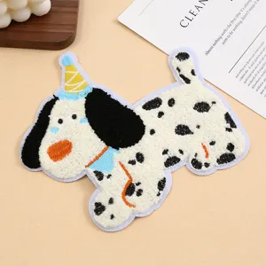 Cute cartoon puppy towel embroidery patch, DIY clothing accessory with party hat design.