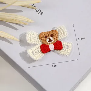 Cute cartoon bear embroidery patch with red bow lace apparel accessory DIY craft 1pcs