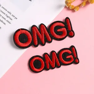 Red and black OMG embroidered patch, iron on cloth badge for jeans, jackets and DIY apparel.